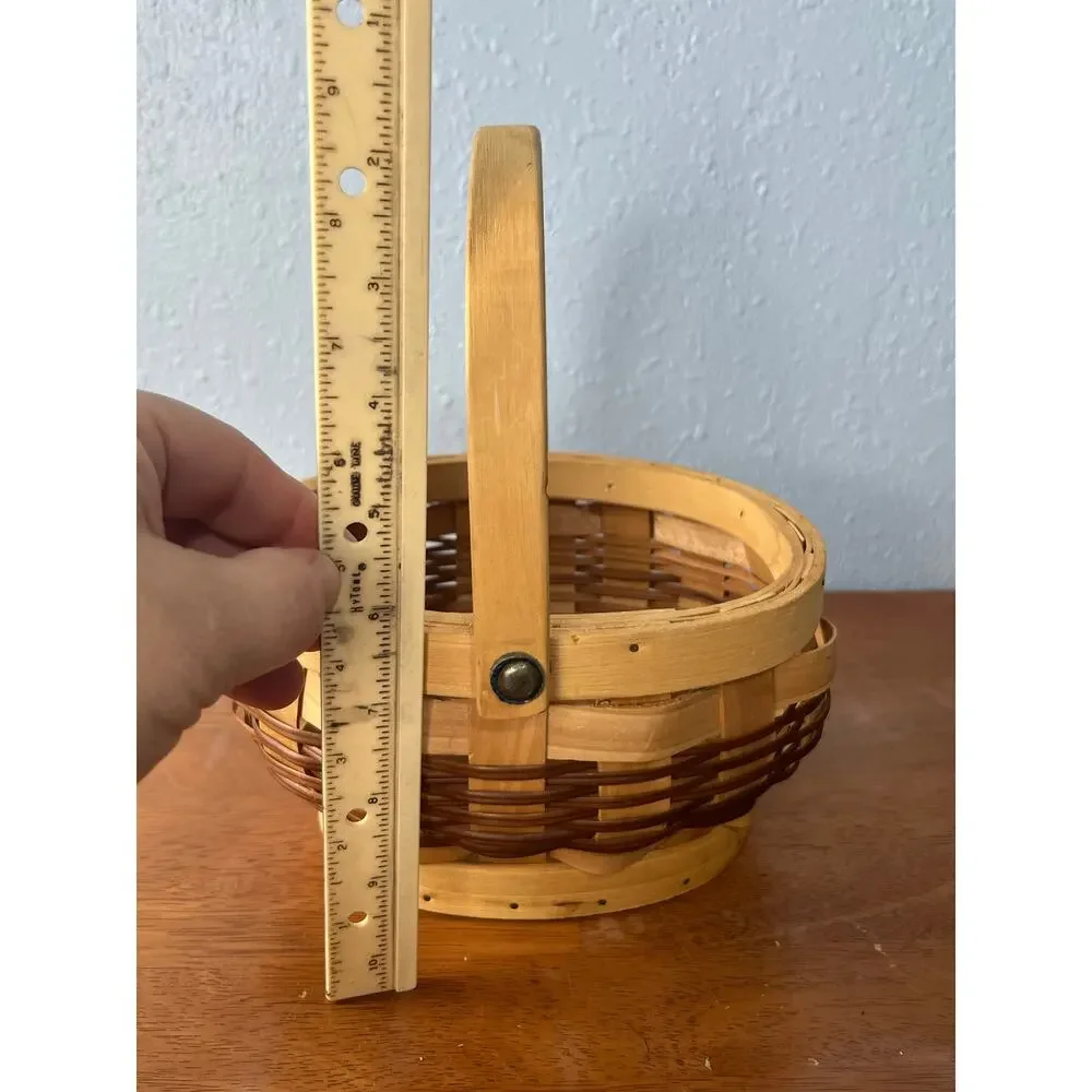 VTG Woven Wood Splint Basket Round Swing Handle Rustic Farmhouse Primitive